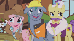 Size: 806x451 | Tagged: safe, screencap, dandy grandeur, hard hat (g4), wrangler, earth pony, pony, unicorn, fluttershy leans in, g4, animated, bowtie, clothes, cowboy hat, female, floppy ears, gif, grin, hard hat, hat, male, mare, nervous, nervous laugh, nervous smile, raised eyebrow, skunk stripe, smiling, stallion, trio