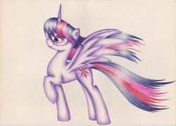 Size: 1024x732 | Tagged: safe, artist:langustka, twilight sparkle, alicorn, pony, g4, female, raised hoof, simple background, solo, spread wings, traditional art, twilight sparkle (alicorn), windswept mane, wings