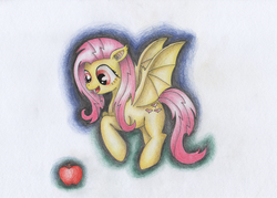 Size: 2267x1624 | Tagged: safe, artist:langustka, fluttershy, bat pony, pony, g4, apple, female, flutterbat, flying, food, race swap, solo, traditional art