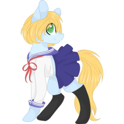 Size: 2048x2048 | Tagged: safe, artist:cinnamontee, oc, oc only, oc:shiro, earth pony, pony, clothes, colored pupils, crossdressing, cute, high res, male, pleated skirt, schoolgirl, simple background, skirt, skirt lift, socks, solo, stallion, transparent background