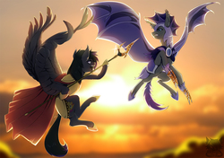 Size: 1400x987 | Tagged: safe, artist:renciel, oc, oc only, oc:au hasard, oc:rome silvanus, bat pony, pegasus, pony, armor, backlighting, bat wings, chickun, claws, commission, duo, faic, fangs, fight, flying, gritted teeth, helmet, hoof blades, looking at each other, male, meme, night guard, royal guard, spear, spread wings, stallion, sunset, weapon, wings