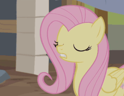 Size: 583x451 | Tagged: safe, screencap, fluttershy, pony, fluttershy leans in, g4, season 7, animated, eyes closed, female, gif, pointing, solo, talking