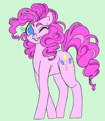 Size: 2734x3168 | Tagged: safe, artist:waywardeggs, pinkie pie, pony, g4, female, green background, high res, one eye closed, simple background, smiling, solo, wink