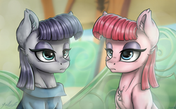 Size: 3365x2101 | Tagged: safe, artist:gaelledragons, maud pie, pinkie pie, earth pony, pony, g4, rock solid friendship, behaving like maud pie, chest fluff, clothes, duo, ear fluff, eyeshadow, female, high res, impersonating, lidded eyes, makeup, mare, maudified, scene interpretation