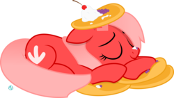 Size: 3100x1747 | Tagged: safe, artist:arifproject, oc, oc only, oc:downvote, pony, derpibooru, g4, blueberry, derpibooru ponified, food, meta, pancakes, ponified, simple background, sleeping, solo, transparent background, vector