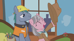Size: 844x462 | Tagged: safe, screencap, hard hat (g4), wrangler, earth pony, pony, fluttershy leans in, g4, clothes, cowboy hat, duo, female, hard hat, hat, male, mare, safari jacket, shirt, skunk stripe, stallion, stetson