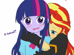 Size: 1280x960 | Tagged: safe, artist:nocturnalchen, sunset shimmer, twilight sparkle, equestria girls, g4, blushing, cute, female, hug, lesbian, shimmerbetes, ship:sunsetsparkle, shipping, simple background, twiabetes