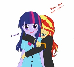 Size: 1280x1156 | Tagged: safe, artist:nocturnalchen, sunset shimmer, twilight sparkle, equestria girls, g4, blushing, cute, female, hug, hug from behind, lesbian, shimmerbetes, ship:sunsetsparkle, shipping, simple background, snuggling, twiabetes, twilight sparkle (alicorn), weapons-grade cute