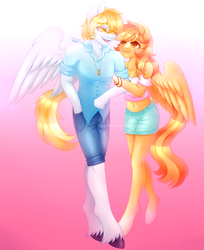 Size: 2200x2700 | Tagged: safe, artist:x-piiu, oc, oc only, oc:serenity, oc:white feather, anthro, unguligrade anthro, anthro oc, belly button, clothes, cute, female, high res, male, mare, serenither, shirt, shorts, smiling, stallion, straight