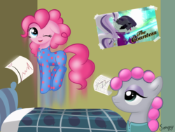 Size: 2000x1500 | Tagged: safe, artist:songbirdserenade, maud pie, pinkie pie, earth pony, pony, g4, rock solid friendship, bed, chart, clothes, footed sleeper, hair curlers, one eye closed, pajamas, pie sisters pajamas, pronking, wink