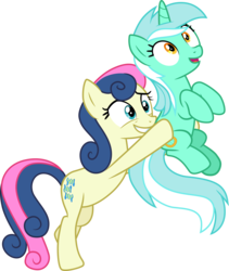 Size: 3001x3558 | Tagged: safe, artist:cloudy glow, artist:parclytaxel, artist:php11, bon bon, lyra heartstrings, sweetie drops, earth pony, pony, unicorn, g4, rock solid friendship, bipedal, carrying, female, high res, holding a pony, lesbian, mare, ship:lyrabon, shipping, simple background, smiling, transparent background, vector