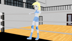 Size: 1366x768 | Tagged: safe, artist:the-horrible-mu, derpy hooves, equestria girls, g4, 3d, abs, clothes, female, midriff, mmd, muscles, solo, sports bra, wrestler, wrestling, wrestling ring