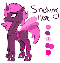 Size: 1105x1168 | Tagged: safe, artist:breeoche, oc, oc only, oc:smoking hot, changeling, changeling oc, cigarette, female, fishnet stockings, pink changeling, reference sheet, simple background, solo, white background