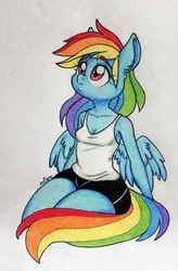 Size: 1283x1952 | Tagged: safe, artist:ameliacostanza, rainbow dash, pegasus, anthro, g4, clothes, cute, dashabetes, female, shorts, solo, tank top, traditional art