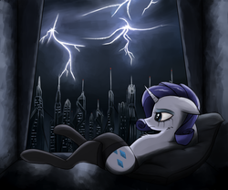 Size: 3200x2666 | Tagged: safe, alternate version, artist:sinniepony, rarity, pony, unicorn, g4, blue eyes, city, clothes, crying, depression, dystopia, female, high res, lighting, makeup, mascara, night, purple mane, running makeup, socks, solo, stockings, thigh highs, thunder