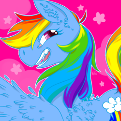 Size: 1280x1280 | Tagged: safe, artist:gibbyybearr, rainbow dash, pony, g4, bust, female, icon, open mouth, over shoulder, portrait, smiling, solo, teeth, wings