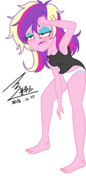 Size: 900x1822 | Tagged: safe, artist:bluse, edit, dean cadance, princess cadance, equestria girls, g4, armpits, background removed, barefoot, breasts, clothes, feet, female, hangover, messy hair, off shoulder, panties, show accurate, solo, tank top, tired, underwear