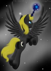 Size: 1889x2657 | Tagged: safe, artist:marsh-mal-oh, oc, oc only, oc:moon ray, alicorn, pony, alicorn oc, flying, glowing horn, horn, magic, male, solo, stallion