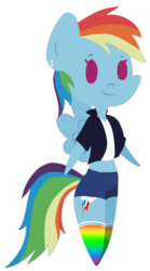 Size: 593x1065 | Tagged: safe, artist:binkyt11, rainbow dash, pegasus, anthro, g4, belly button, chibi, clothes, cutie mark, ear piercing, earring, female, jewelry, mare, midriff, piercing, pointy ponies, solo, spread wings, wings