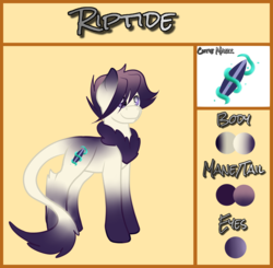 Size: 1500x1472 | Tagged: safe, artist:marsh-mal-oh, oc, oc only, oc:riptide, earth pony, pony, chest fluff, leonine tail, male, reference sheet, simple background, solo, stallion, yellow background