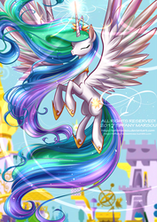 Size: 664x940 | Tagged: safe, artist:tiffanymarsou, princess celestia, alicorn, pony, g4, canterlot, eyes closed, female, flying, magic, solo, spread wings, wings