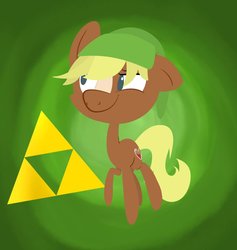 Size: 1024x1078 | Tagged: safe, artist:binkyt11, quarter hearts, earth pony, pony, g4, cutie mark, green background, hat, hooves, lineless, link, male, simple background, solo, stallion, the legend of zelda, triforce