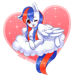 Size: 1280x1306 | Tagged: safe, artist:mishmash-mod, oc, oc only, oc:ocean bird, pegasus, pony, blushing, chest fluff, cloud, heart, one eye closed, raspberry, solo, tongue out, wink