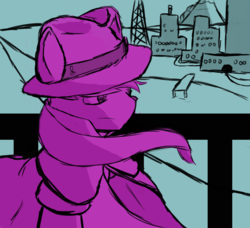 Size: 1098x1000 | Tagged: safe, artist:grimdark-lindy, octavia melody, earth pony, pony, g4, clothes, coat, fedora, female, hat, limited palette, mare, noir, solo