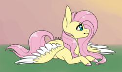 Size: 600x356 | Tagged: safe, artist:blitsazalisdash, artist:yanie-the-brown-pone, color edit, edit, fluttershy, pegasus, pony, g4, collaboration, colored, female, mare, prone, smiling, solo