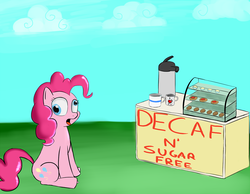 Size: 1280x994 | Tagged: safe, artist:itsthinking, pinkie pie, earth pony, pony, g4, coffee, derp, female, food, food stand, pinkie derp, sitting, solo, sugar free