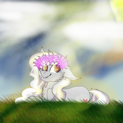 Size: 2560x2560 | Tagged: safe, artist:brokensilence, oc, oc only, oc:angel heart, pony, floral head wreath, flower, high res, meadow, solo, sun