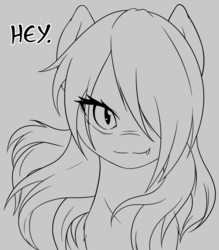 Size: 1280x1458 | Tagged: safe, artist:suspega, oc, oc only, oc:vorepone, pony, bust, female, flowing mane, grayscale, hair over one eye, looking at you, mare, monochrome, smiling, solo