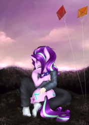 Size: 4961x7016 | Tagged: safe, artist:duop-qoub, starlight glimmer, human, pony, unicorn, g4, absurd resolution, both cutie marks, collar, cute, eyes closed, female, fluffy, glimmerbetes, hug, kite, mare, pet glimmer, pony pet, smiling, that pony sure does love kites