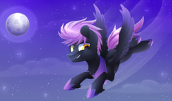 Size: 2813x1658 | Tagged: safe, artist:scarlet-spectrum, oc, oc only, pegasus, pony, flying, full moon, male, moon, night, solo, stallion, starry night