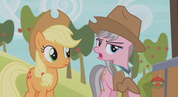 Size: 844x462 | Tagged: safe, screencap, applejack, wrangler, earth pony, pony, fluttershy leans in, g4, cart, clothes, cowboy hat, duo, duo female, female, hat, safari jacket, shirt, skunk stripe, stetson
