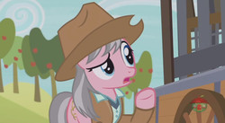 Size: 844x462 | Tagged: safe, screencap, wrangler, earth pony, pony, fluttershy leans in, g4, cage, cart, clothes, cowboy hat, hat, raised eyebrow, raised hoof, safari jacket, shirt, skunk stripe, solo, stetson