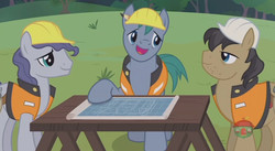 Size: 844x462 | Tagged: safe, screencap, hard hat (g4), jack hammer, steam roller (g4), earth pony, pony, fluttershy leans in, g4, blueprint, construction pony, grass field, hard hat, male, pencil, stallion, table, treehouse logo