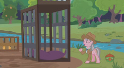 Size: 844x462 | Tagged: safe, screencap, wrangler, earth pony, pony, fluttershy leans in, g4, cage, clothes, cowboy hat, hat, safari jacket, shirt, skunk stripe, solo, stetson