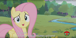 Size: 1920x970 | Tagged: safe, screencap, fluttershy, pony, fluttershy leans in, g4, female, meme, solo, youtube caption