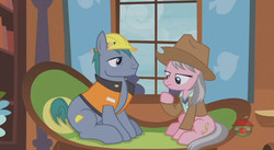 Size: 844x462 | Tagged: safe, screencap, hard hat (g4), wrangler, earth pony, pony, fluttershy leans in, g4
