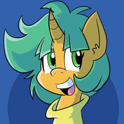 Size: 576x576 | Tagged: safe, artist:pembroke, snails, pony, g4, alternate hairstyle, clothes, cute, glitter shell, happy, male, profile, smiling, solo, sweater