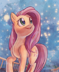 Size: 916x1126 | Tagged: safe, artist:mirroredsea, fluttershy, firefly (insect), pegasus, pony, g4, female, looking at something, looking up, mare, night, open mouth, open smile, outdoors, raised hoof, smiling, solo, traditional art, turned head, walking, watercolor painting