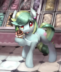 Size: 730x851 | Tagged: safe, artist:bakuel, oc, oc only, oc:cool treat, earth pony, pony, bakery, clothes, commission, dessert, female, food, hoof hold, ice cream, open mouth, solo