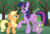 Size: 6000x4066 | Tagged: safe, artist:magister39, applejack, spike, twilight sparkle, dragon, earth pony, pony, g4, absurd resolution, alternate universe, apple tree, cowboy hat, earth pony twilight, freckles, hat, height difference, open mouth, race swap, raised hoof, scenery, scroll, stetson, tall, tree