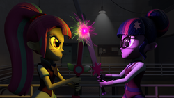 Size: 1920x1080 | Tagged: safe, artist:megatron-returns, sci-twi, sour sweet, twilight sparkle, equestria girls, g4, 3d, angry, clothes, crystal prep academy uniform, duel, freckles, glasses, necktie, school uniform, sword, weapon