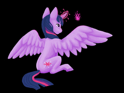 Size: 1024x772 | Tagged: safe, artist:believeinshadows, twilight sparkle, alicorn, pony, g4, black background, female, glowing horn, horn, magic, mare, rear view, simple background, sitting, solo, spread wings, twilight sparkle (alicorn), wings