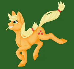 Size: 1024x957 | Tagged: safe, artist:believeinshadows, applejack, pony, g4, female, grin, hatless, hay stalk, missing accessory, mouth hold, simple background, smiling, solo, straw in mouth