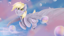 Size: 1920x1080 | Tagged: safe, artist:aelwyng, derpy hooves, pegasus, pony, g4, bubble, cute, female, flying, looking at you, mare, smiling, solo, spread wings, wings