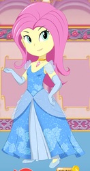 Size: 876x1656 | Tagged: safe, artist:glittertiara, fluttershy, equestria girls, g4, barely eqg related, blue dress, cinderella, cindershy, clothes, crossover, cute, disney, dress, evening gloves, female, glass slipper (footwear), glass slippers, gloves, jewelry, long gloves, looking at you, necklace, shyabetes, smiling, solo