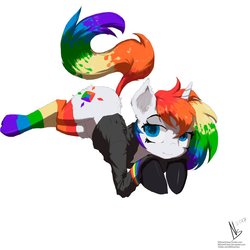Size: 894x894 | Tagged: safe, artist:nsilverdraws, oc, oc only, oc:radical rainbow, pony, unicorn, clothes, cute, hoodie, rainbow hair, rainbow socks, rainbow tail, simple background, socks, solo, striped socks, white background